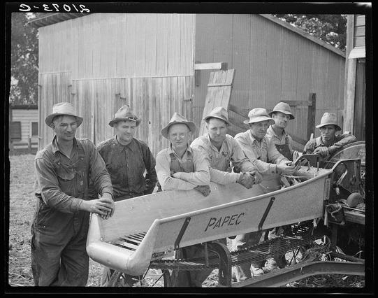 The image is a black and white photograph depicting eight farmers, each wearing overalls or work attire with hats. They are gathered around an ensilage cutter labeled "PAPEC," which appears to be in the process of being operated on a farm setting. The men exhibit various expressions ranging from smiles to neutral demeanors as they engage with their equipment.

In the background stands a large barn-like structure, indicating that this scene takes place at a rural or agricultural location. One farmer is pushing the ensilage cutter into position while others hold onto its sides for support and balance during operation.

The photograph captures a moment of collective effort among these farmers who are likely working together as part of a cooperative venture to manage their silage needs, which was an essential task in farming practices aimed at preserving crops through cold weather. The overall impression is one of camaraderie and laborious work associated with agricultural life during the time period when this photo would have been taken.

Additional context suggests that these farmers are engaged in filling a silo on the Miller farm located in West Carlton, Yamhill County, Oregon. This activity reflects historical farming practices where cooperative efforts were vital for managing seasonal food preservation requirements and maintaining crop yields amidst resource constraints.